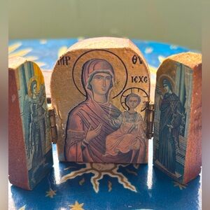 Vintage Mini Carved Wooden Religious Triptych Altarpiece